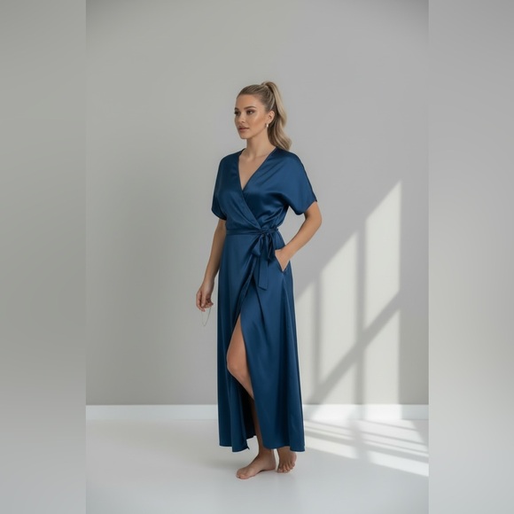 Unknown Dresses & Skirts - ✨ NWT Royal Blue Satin Wrap Midi Dress Tie Waist Flutter Sleeve M